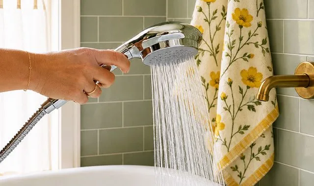 Una mano che regge il soffione doccia Anespa mentre scorre l'acqua addolcita, su piastrelle verde salvia