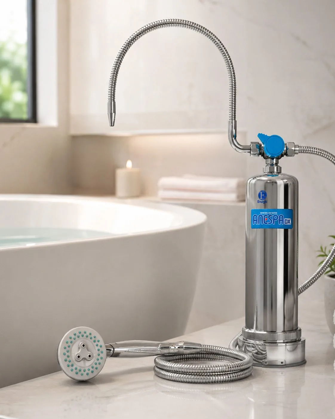 L'Anespa DX accanto a una vasca freestanding, con una candela e asciugamani piegati