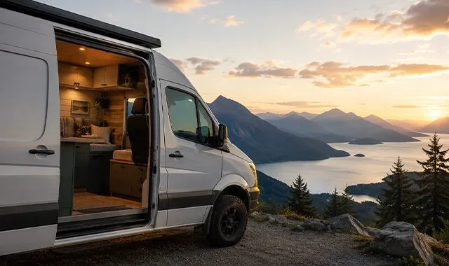 Un camper compatto off-grid parcheggiato in un belvedere su un lago di montagna al tramonto