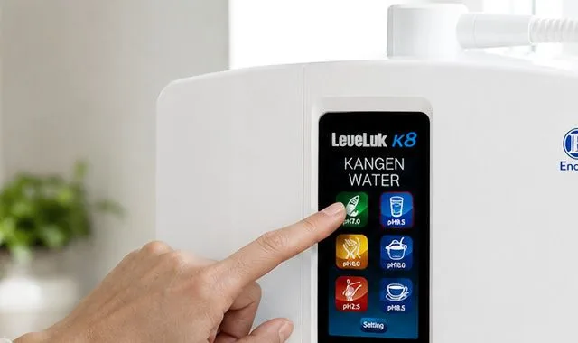 Un dito che seleziona l'acqua sul touchscreen a colori del K8