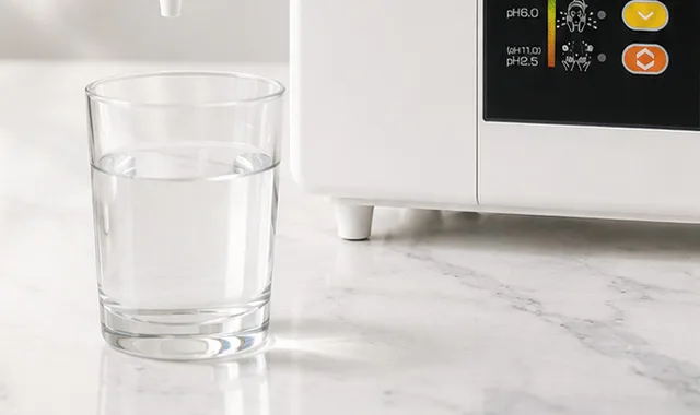 Un bicchiere di Kangen Water fresca accanto all'SD501DX